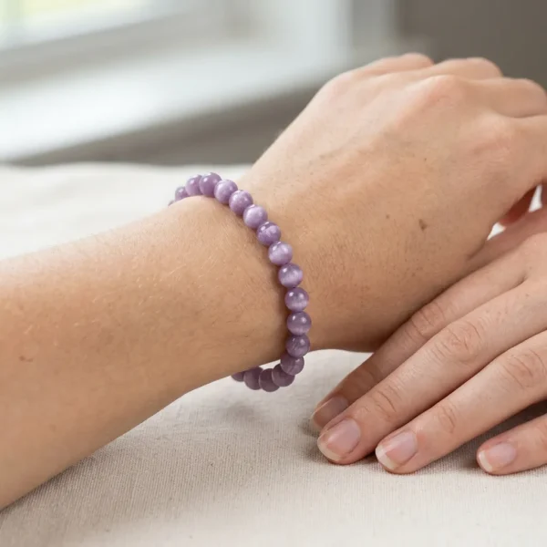 Kunzite Energy Bracelet worn on wrist, soft lavender-purple polished beads on cream fabric.